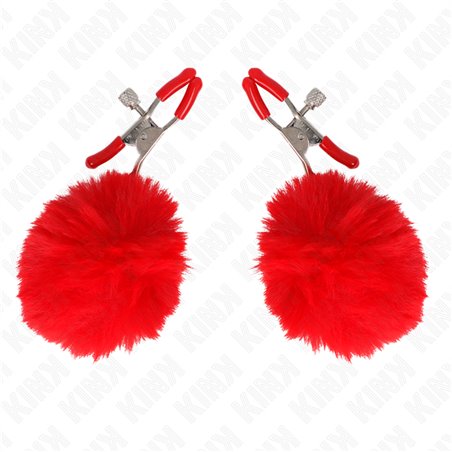 Kink - Morsetti a Vite per Capezzoli con Pon Pon Rossi 6 Cm