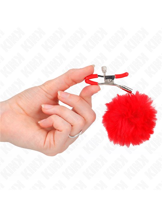 Kink - Morsetti a Vite per Capezzoli con Pon Pon Rossi 6 Cm
