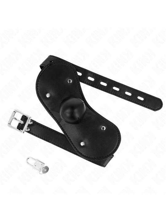 Kink - Bavaglio in Pelle Vegana Nera con Maschera Palla e Lucchetto