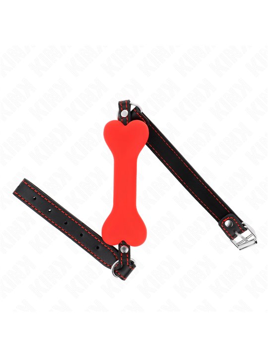 Kink - Bavaglio in Pelle Vegana Nera con Osso 12 Cm in Silicone Rosso