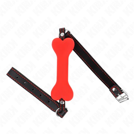 Kink - Bavaglio in Pelle Vegana Nera con Osso 12 Cm in Silicone Rosso