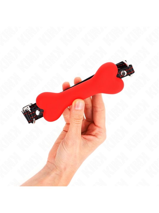 Kink - Bavaglio in Pelle Vegana Nera con Osso 12 Cm in Silicone Rosso