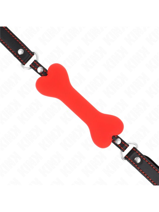 Kink - Bavaglio in Pelle Vegana Nera con Osso 12 Cm in Silicone Rosso
