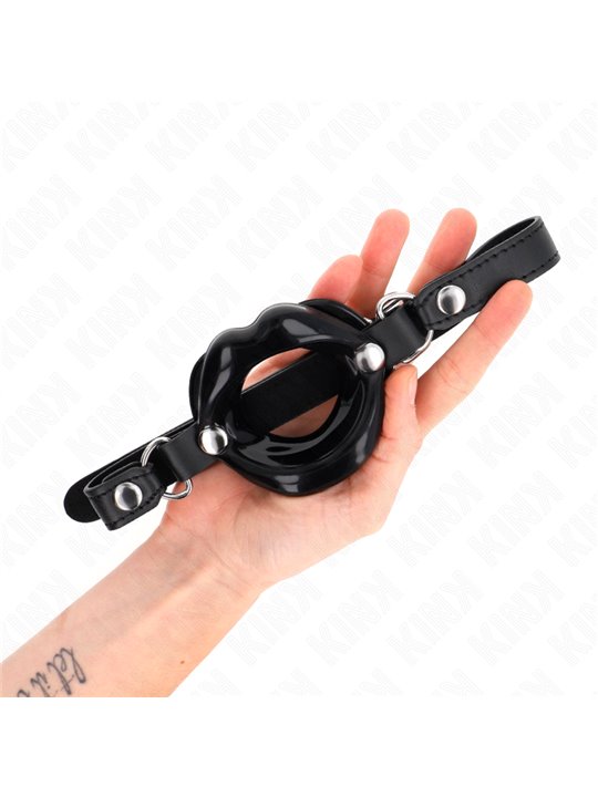 Kink - Bavaglio in Pelle Vegana Nera con Bocca 8 Cm Regolabile 39-58 Cm