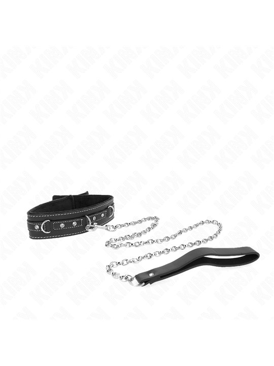 Kink - Collare con Guinzaglio 105 Cm in Pelle Vegana e Strass - 41,5 x 4 Cm