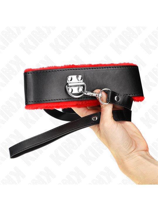 Kink - Collare con Guinzaglio Rosso 116 Cm in Pelle Vegana 40-48 Cm x 6 Cm