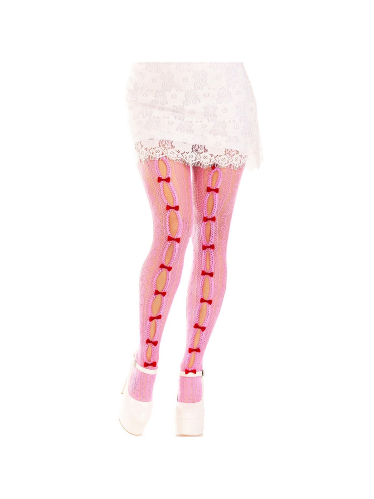 Leg Avenue - Calze a Rete Rosa con Aperture e Dettagli Mini Fiocchi