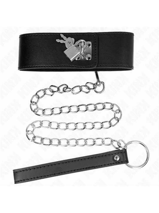 Kink - Collare 33,5-41x5 Cm in Pelle Vegana e Guinzaglio 65 Cm Nero