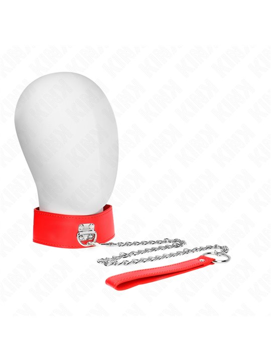 Kink - Collare 33,5-41x5 Cm in Pelle Vegana e Guinzaglio 65 Cm Rosso