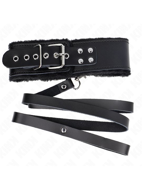 Kink - Collare 40-48x6 Cm e Guinzaglio 116 Cm in Pelle Vegana Nera