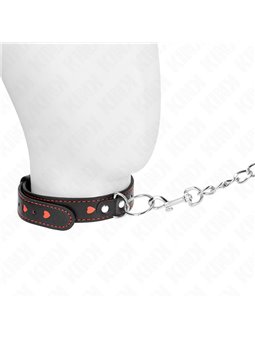 Kink - Collare in Pelle Vegana Nera con Cuori Rossi e Guinzaglio 65 Cm