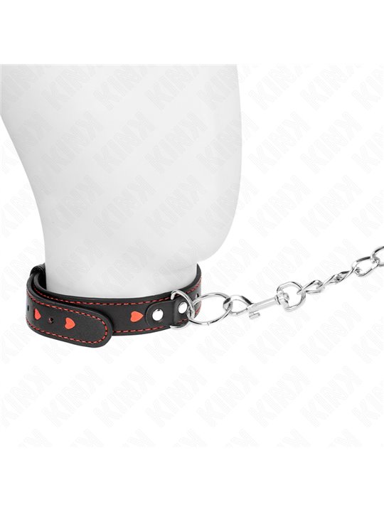 Kink - Collare in Pelle Vegana Nera con Cuori Rossi e Guinzaglio 65 Cm