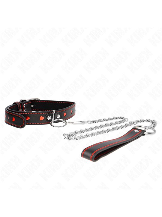 Kink - Collare in Pelle Vegana Nera con Cuori Rossi e Guinzaglio 65 Cm