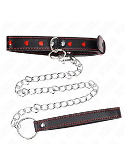 Kink - Collare in Pelle Vegana Nera con Cuori Rossi e Guinzaglio 65 Cm