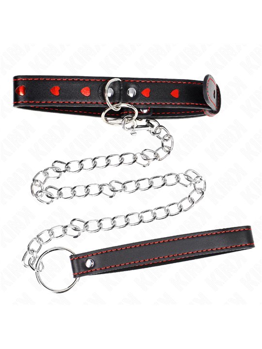 Kink - Collare in Pelle Vegana Nera con Cuori Rossi e Guinzaglio 65 Cm
