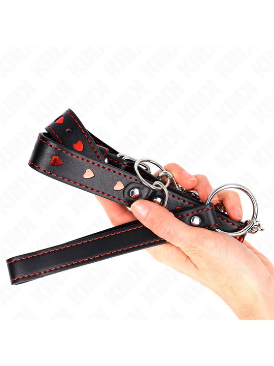 Kink - Collare in Pelle Vegana Nera con Cuori Rossi e Guinzaglio 65 Cm