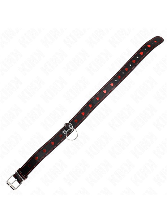 Kink - Collare in Pelle Vegana Nera con Cuori Rossi e Guinzaglio 65 Cm