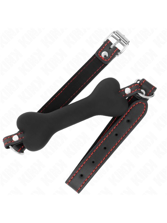 Kink - Bavaglio Nero in Pelle Vegana 63x2 Cm con Osso Nero 12 Cm