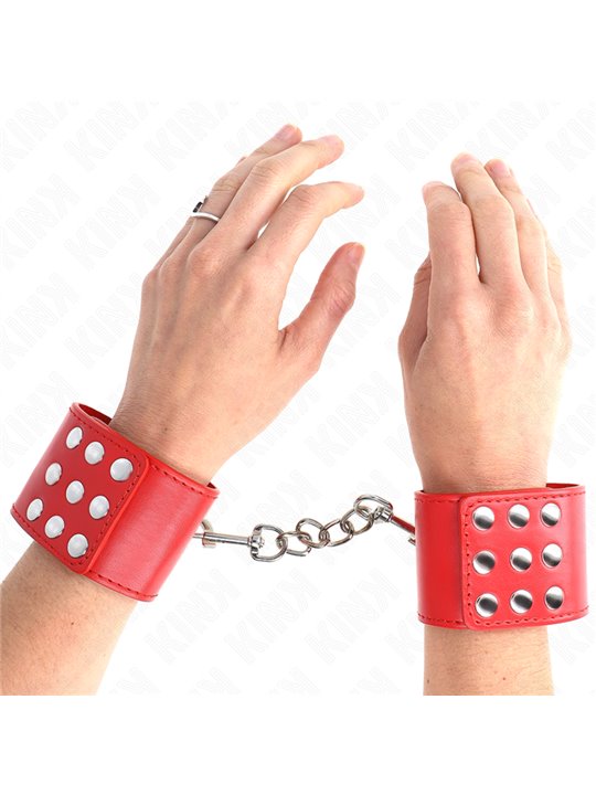Kink - Polsini in Pelle Vegana Rossa con 3 File di Borchie 19-24x5,5 Cm