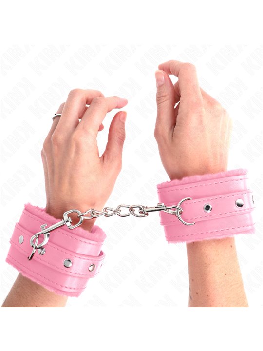 Kink - Premium Fur Lined Wrist Restraints Pink With Pink Belt Adjustable 17-29 Cm X 6 Cm