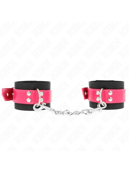 Kink - Nylon Wrist Restraints Black With Leatherette Belt Raspberry Rose Adjustable 19-29 Cm X 5.1 Cm