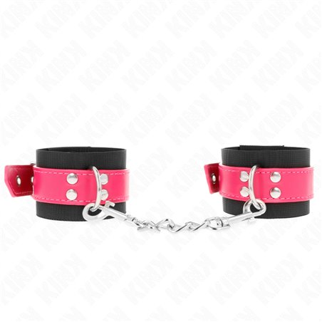 Kink - Nylon Wrist Restraints Black With Leatherette Belt Raspberry Rose Adjustable 19-29 Cm X 5.1 Cm