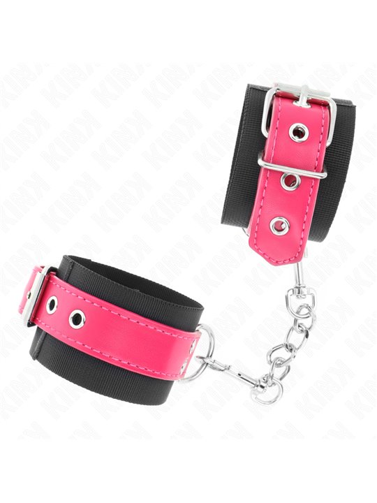 Kink - Nylon Wrist Restraints Black With Leatherette Belt Raspberry Rose Adjustable 19-29 Cm X 5.1 Cm