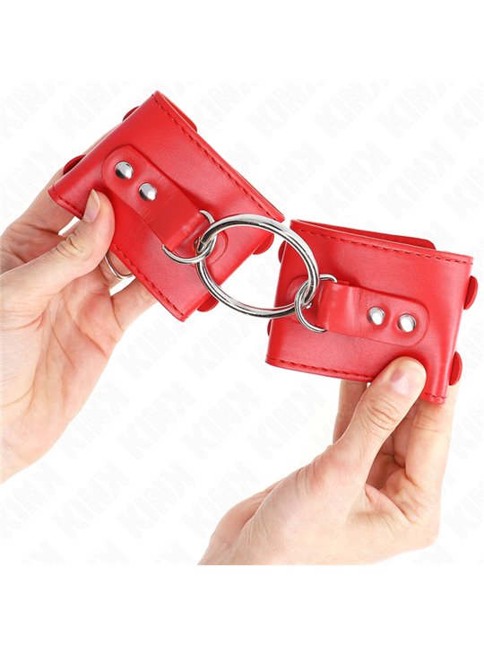 Kink - Polsini in Pelle Vegana Rossa con Anello e Borchie 17-22x6,5 Cm