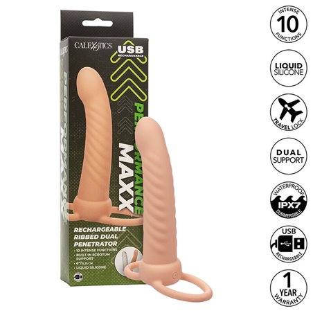 Calexotics Maxx Ribbed - Dildo Vibrante Per Doppia Penetrazione Beige