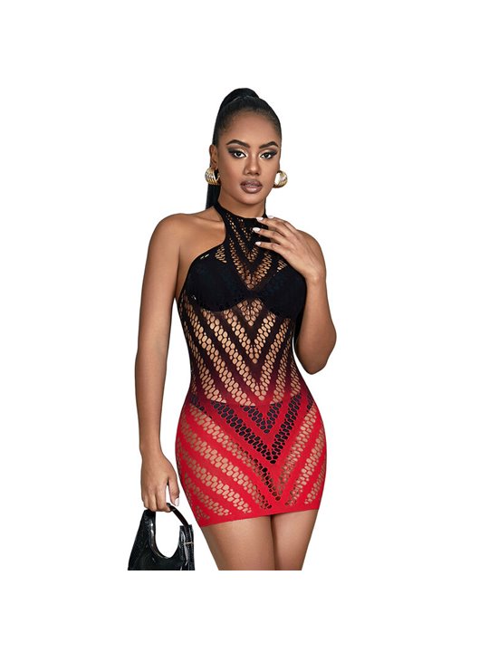 Subblime - 952242 Red And Black Degraded Elastic Fishnet Bodystocking One Size