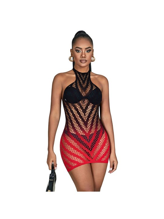 Subblime - 952242 Red And Black Degraded Elastic Fishnet Bodystocking One Size