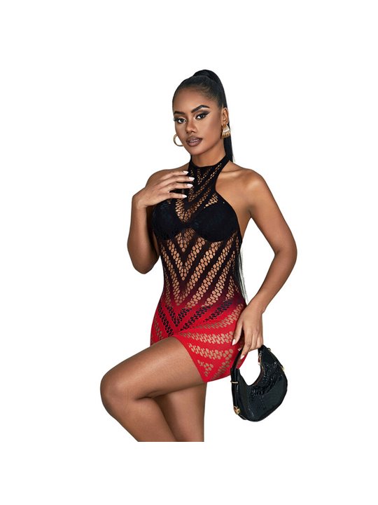 Subblime - 952242 Red And Black Degraded Elastic Fishnet Bodystocking One Size