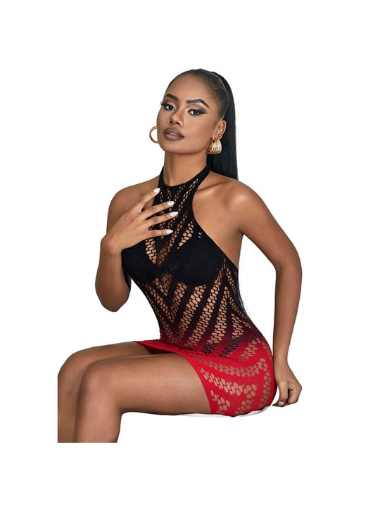 Subblime - 952242 Red And Black Degraded Elastic Fishnet Bodystocking One Size