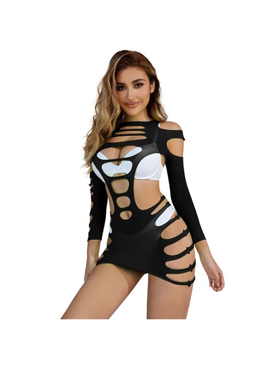 Subblime - 952266 Long Sleeve Elastic Fishnet Bodystocking Black One Size