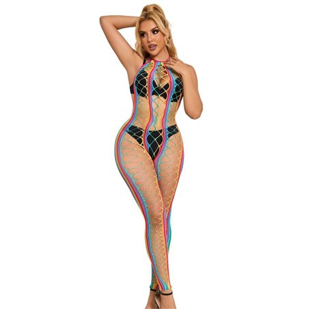 Subblime - 952358 Rainbow Halter Neck Fishnet Bodystocking One Size