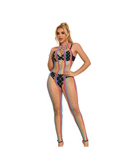 Subblime - 952358 Rainbow Halter Neck Fishnet Bodystocking One Size