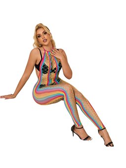 Subblime - 952358 Rainbow Halter Neck Fishnet Bodystocking One Size