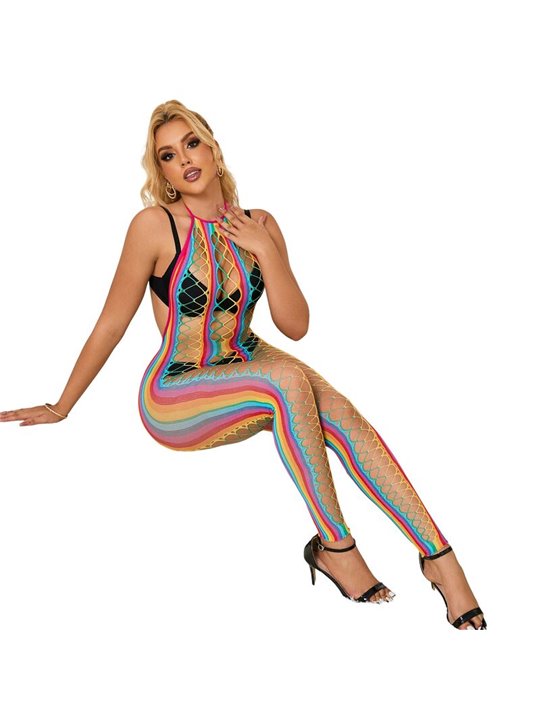 Subblime - 952358 Rainbow Halter Neck Fishnet Bodystocking One Size