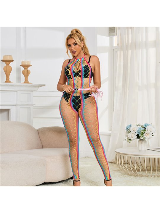 Subblime - 952358 Rainbow Halter Neck Fishnet Bodystocking One Size