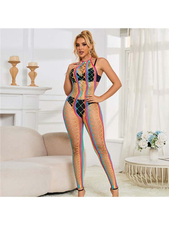 Subblime - 952358 Rainbow Halter Neck Fishnet Bodystocking One Size