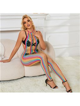 Subblime - 952358 Rainbow Halter Neck Fishnet Bodystocking One Size