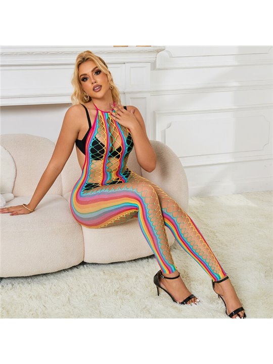 Subblime - 952358 Rainbow Halter Neck Fishnet Bodystocking One Size