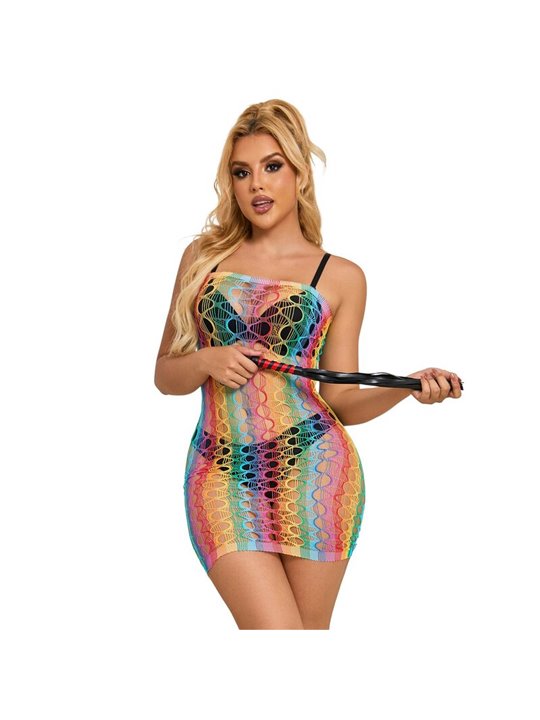 Subblime - 952365 Rainbow Bare Shoulder Fishnet Bodystocking One Size