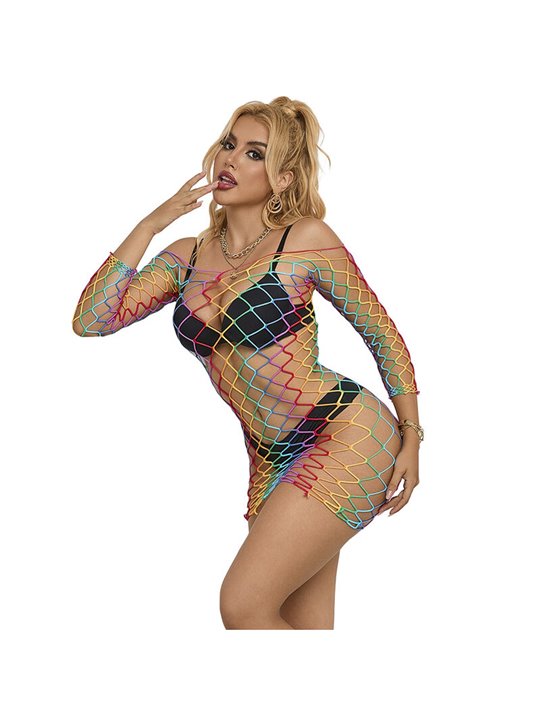 Subblime - 952426 Rainbow Long Sleeve Fishnet Bodystocking One Size