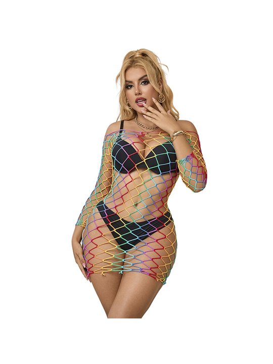Subblime - 952426 Rainbow Long Sleeve Fishnet Bodystocking One Size