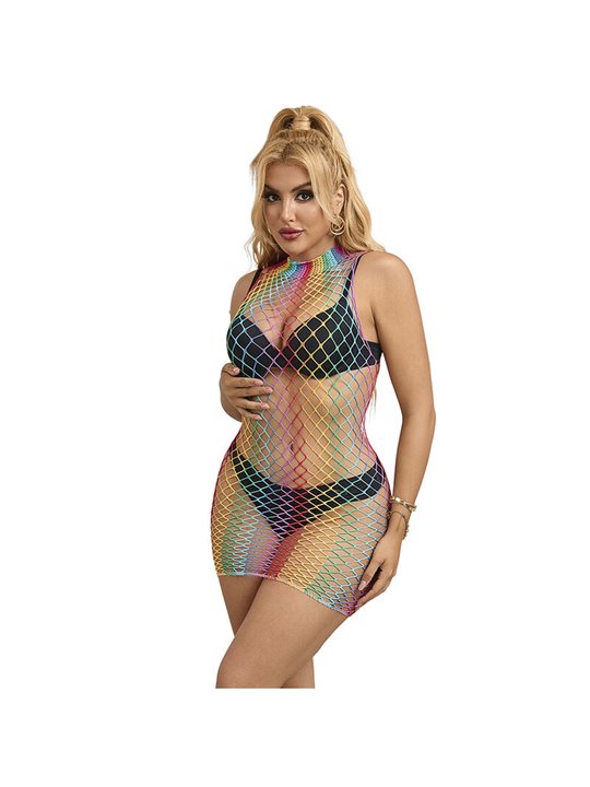 Subblime - 952433 Rainbow High Neck Sleeveless Fishnet Bodystocking One Size