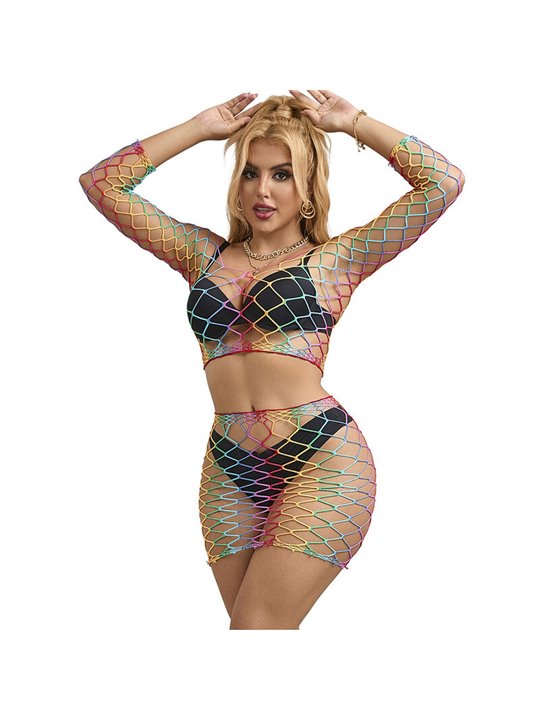 Subblime - 952440 2-Piece Fishnet Bodystocking Long Sleeve Rainbow One Size