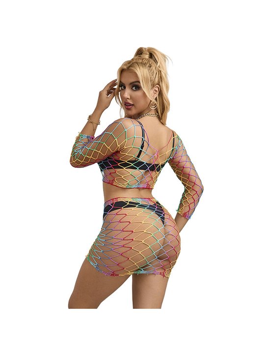 Subblime - 952440 2-Piece Fishnet Bodystocking Long Sleeve Rainbow One Size