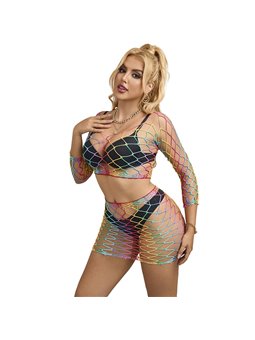 Subblime - 952440 2-Piece Fishnet Bodystocking Long Sleeve Rainbow One Size