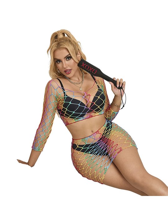 Subblime - 952440 2-Piece Fishnet Bodystocking Long Sleeve Rainbow One Size